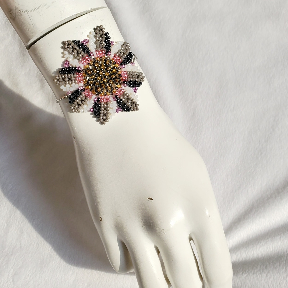 Boho handbeaded flower design and silver bracelet